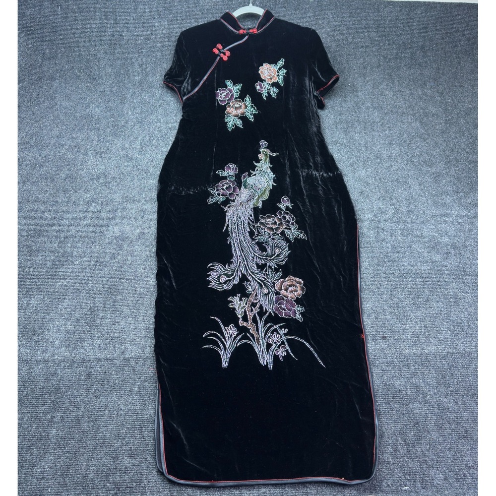 Vintage Black Velvet Peacock Embroidered Cheongsam Qipao Dress Size 10 Floral